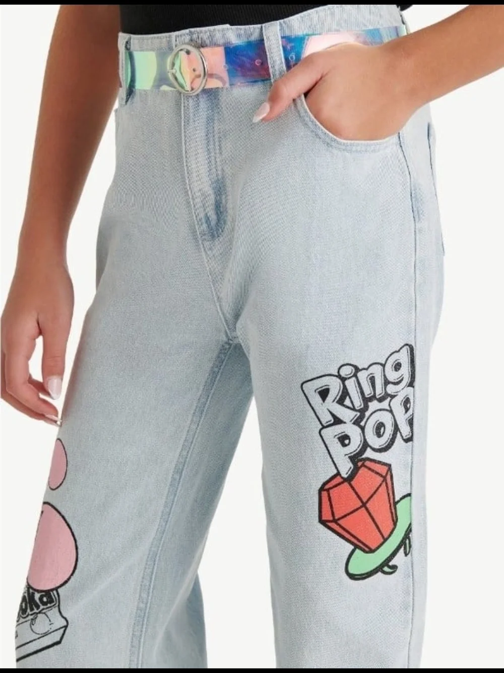 Justice Light Blue Jeans with Ring Pop Graphics